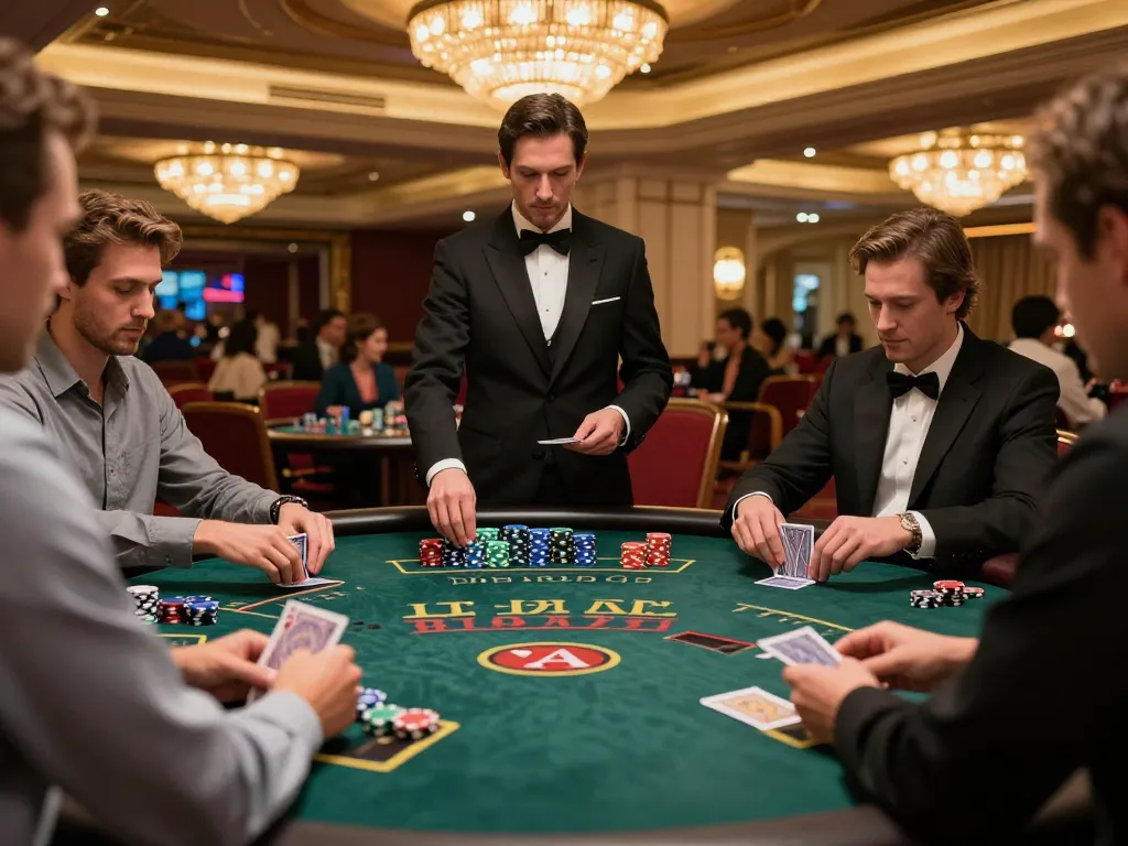Players engaging at a nohu blackjack table, chips stacked, professional dealer in action, exciting atmosphere