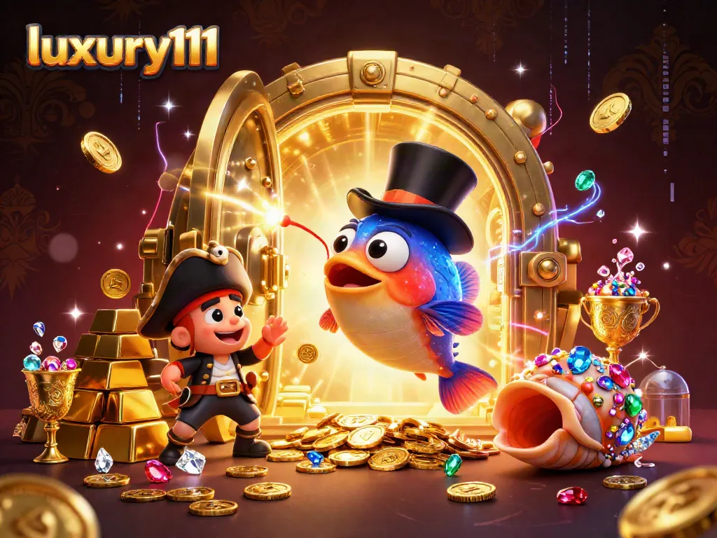 Experience thrilling wins with luxury111's vibrant treasure-filled scene featuring animated casino characters.