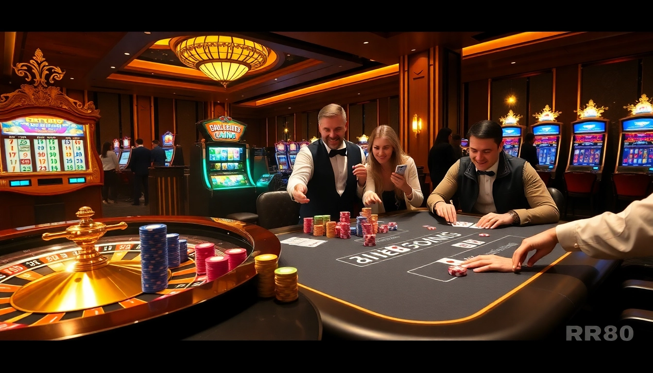 RR88 players enjoy an engaging game with chips and cards at a luxurious casino table.