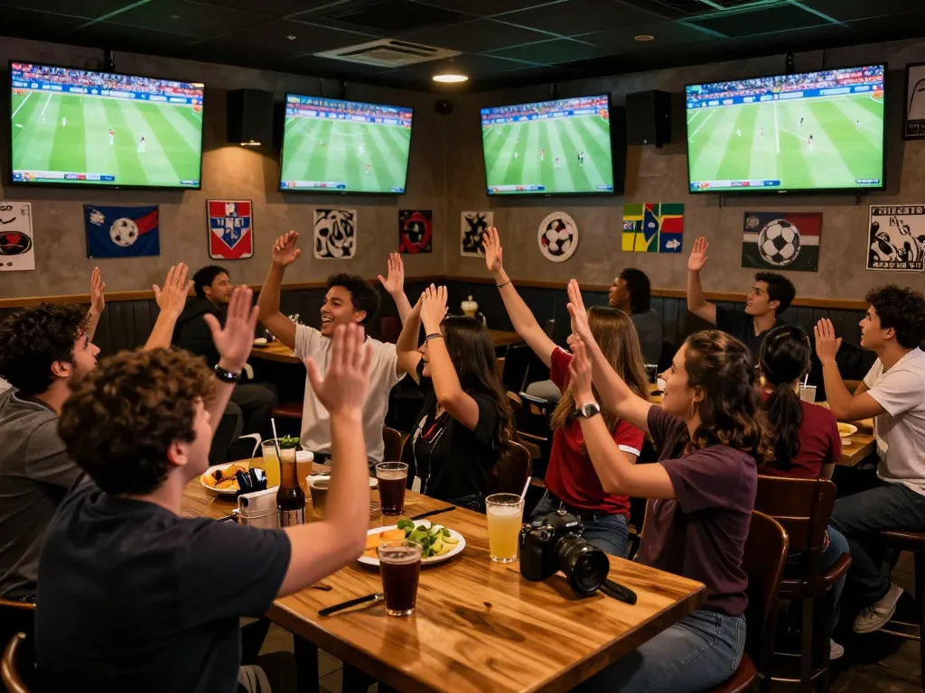 Watch players enjoy trực tiếp đá bóng at an exciting sports bar filled with fans.