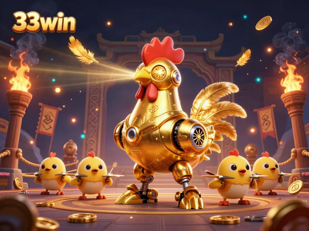 Engage in thrilling gameplay with 33win's captivating golden rooster robot and baby chick drones in an exciting casino setting.