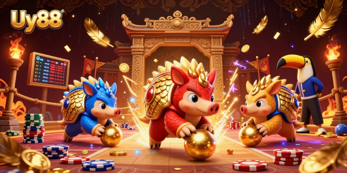 Experience exciting gameplay at Uy88 as rival pangolins bowl through poker chips in a dynamic casino scene.