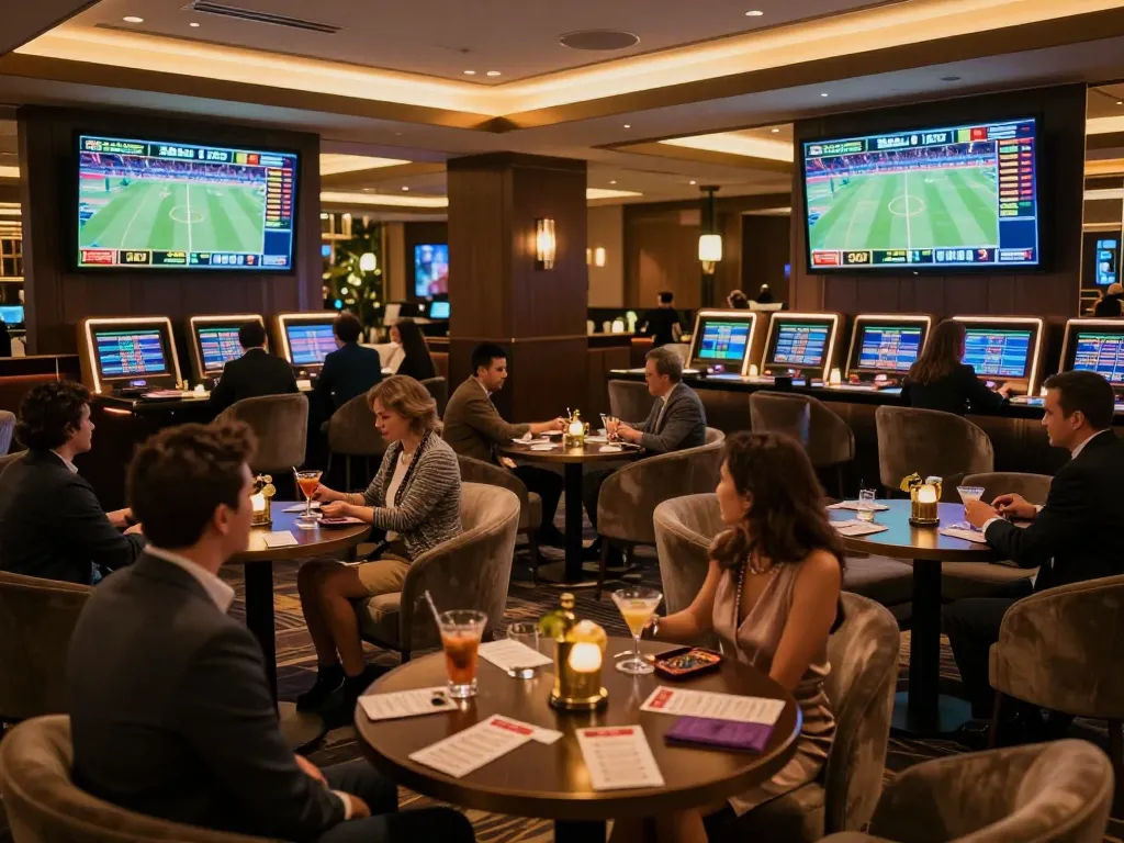 Patrons engaged in sports betting at a luxurious lounge with ty-le-keo odds displayed on large screens