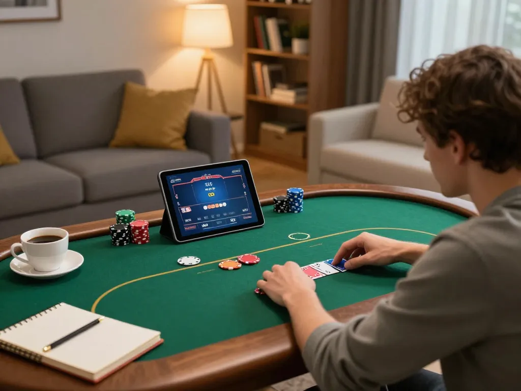 Engaged player at home using LV88 app for online poker while sipping coffee, showcasing strategic gameplay.