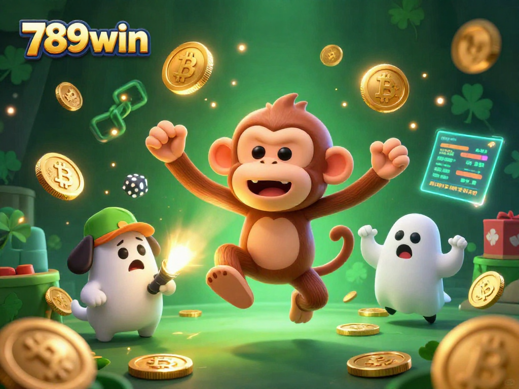 Engage with thrilling games at 789win as playful ghost-hunter puppy tracks a joking monkey in a casino.