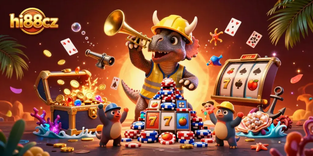 Experience excitement at hi88cz with a vibrant, dynamic casino-themed 3D illustration featuring immersive gaming elements.