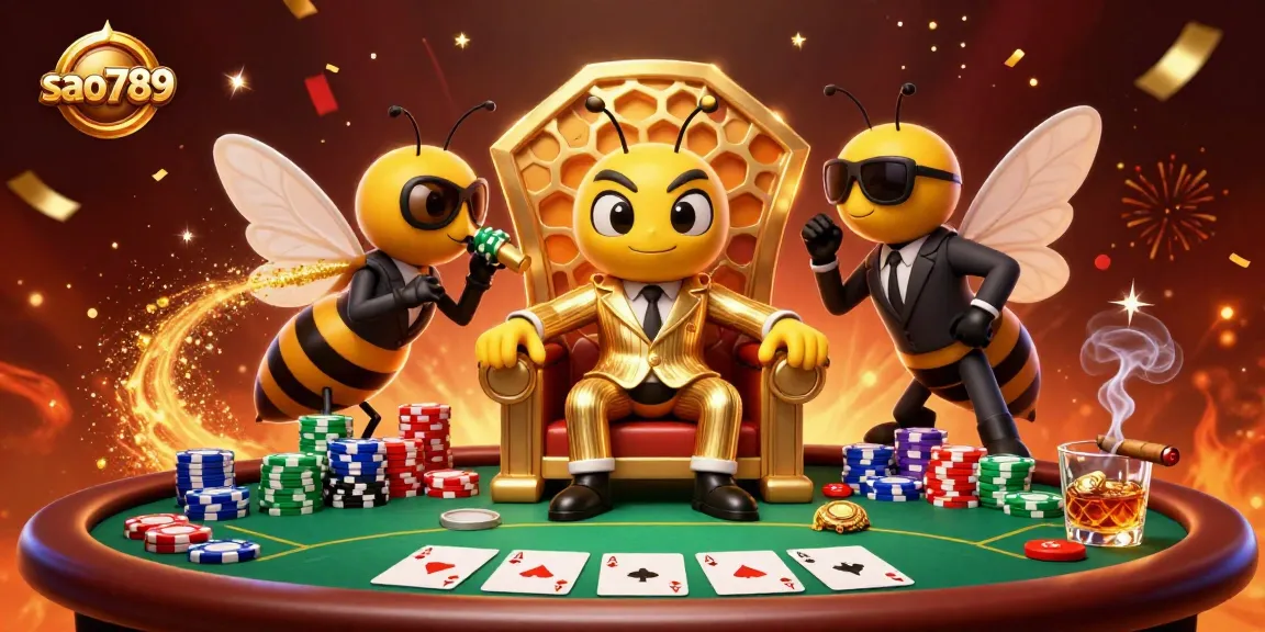 Sao789's vibrant casino scene showcases a 3D bumblebee mob boss with poker elements, enhancing gambling excitement.