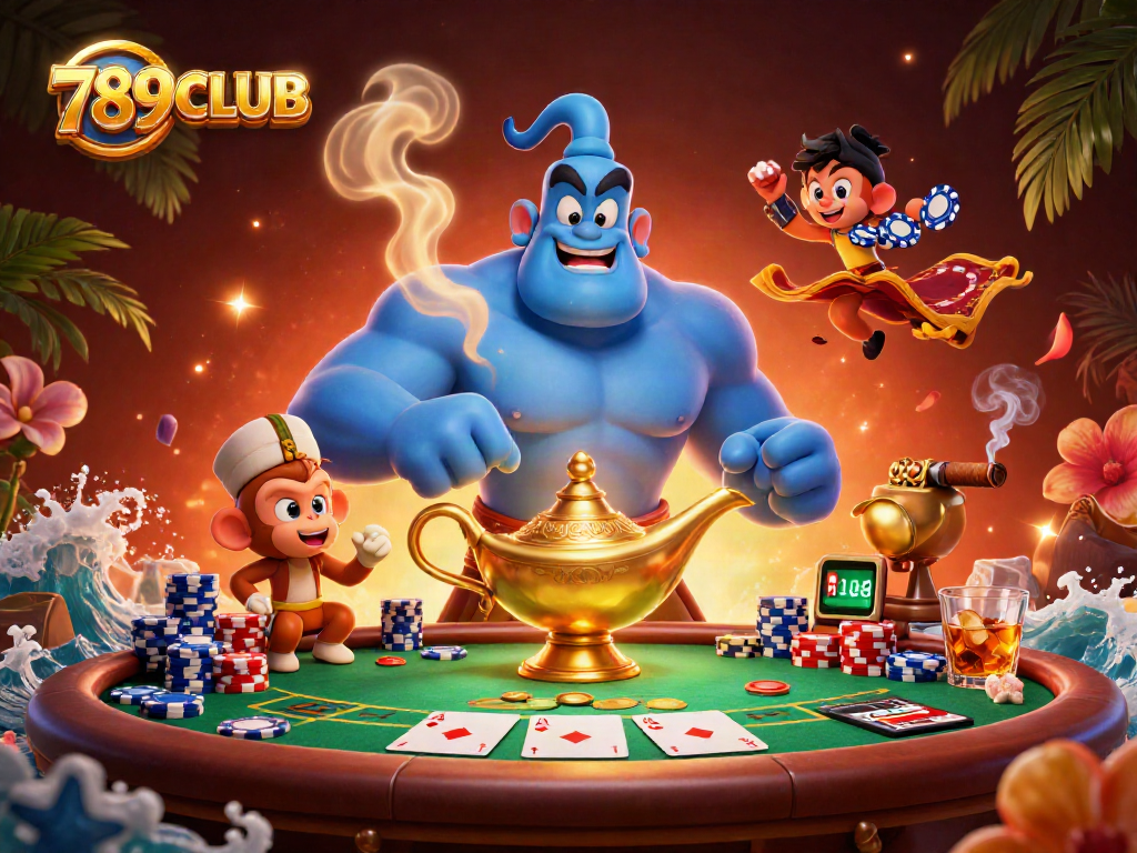 Experience thrilling play at 789CLUB casino featuring vibrant 3D genies and poker elements.
