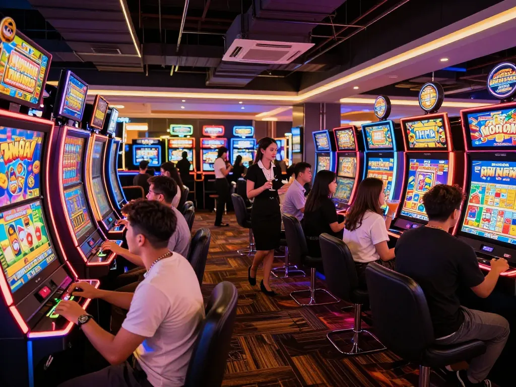 Nổ Hũ slot machines illuminated with vibrant lights, players engaged in a thrilling gaming atmosphere.