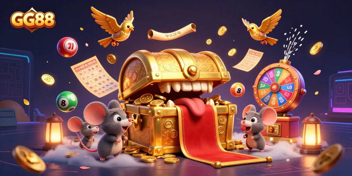 Experience the thrilling gaming environment of GG88, depicting vibrant lottery balls and gold treasures.