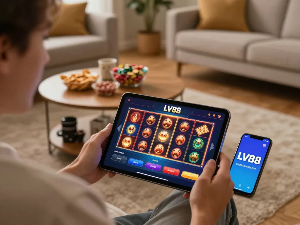 Engaged player exploring LV88's online casino app on a tablet in a cozy home environment.