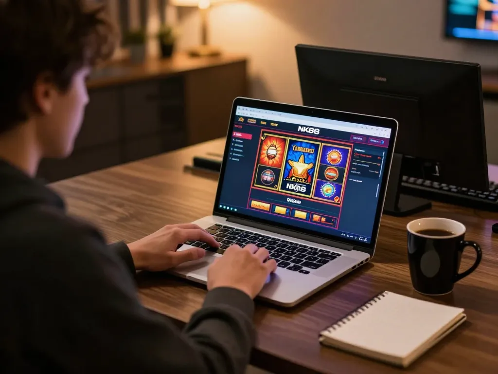 Engaging in online gaming at NK88 with a vibrant casino interface on the laptop, cozy home setup.