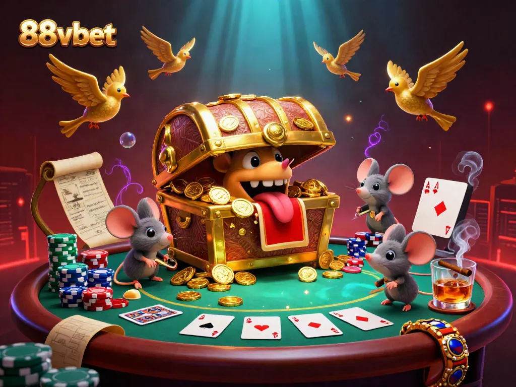 Engage in thrilling adventures at 88vbet with this vibrant casino-inspired illustration featuring a treasure chest and poker elements.
