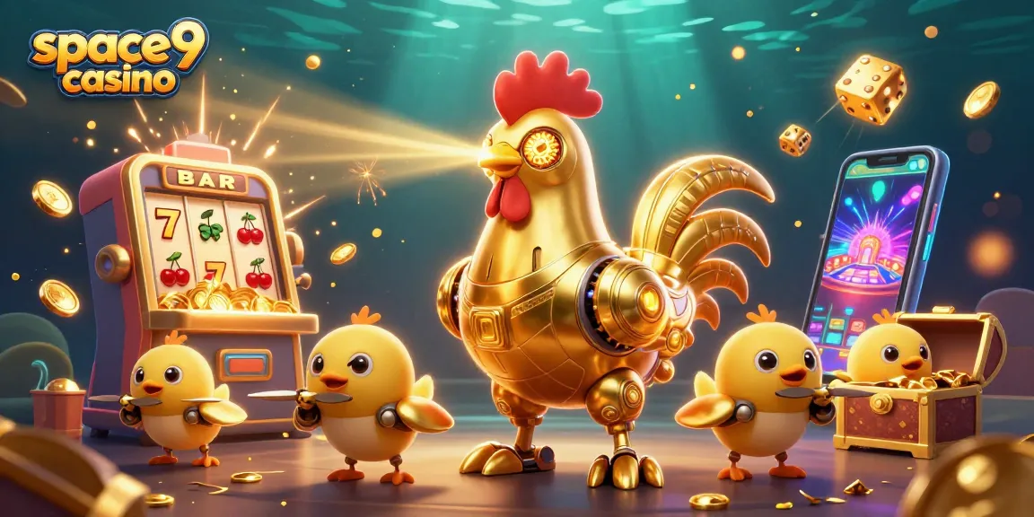 Experience the thrilling action at space9 casino with a vibrant 3D illustration of a golden rooster robot and baby chick drones.