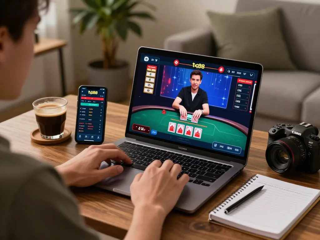 Engaging in strategic online gaming at tg88 with a laptop and betting app.