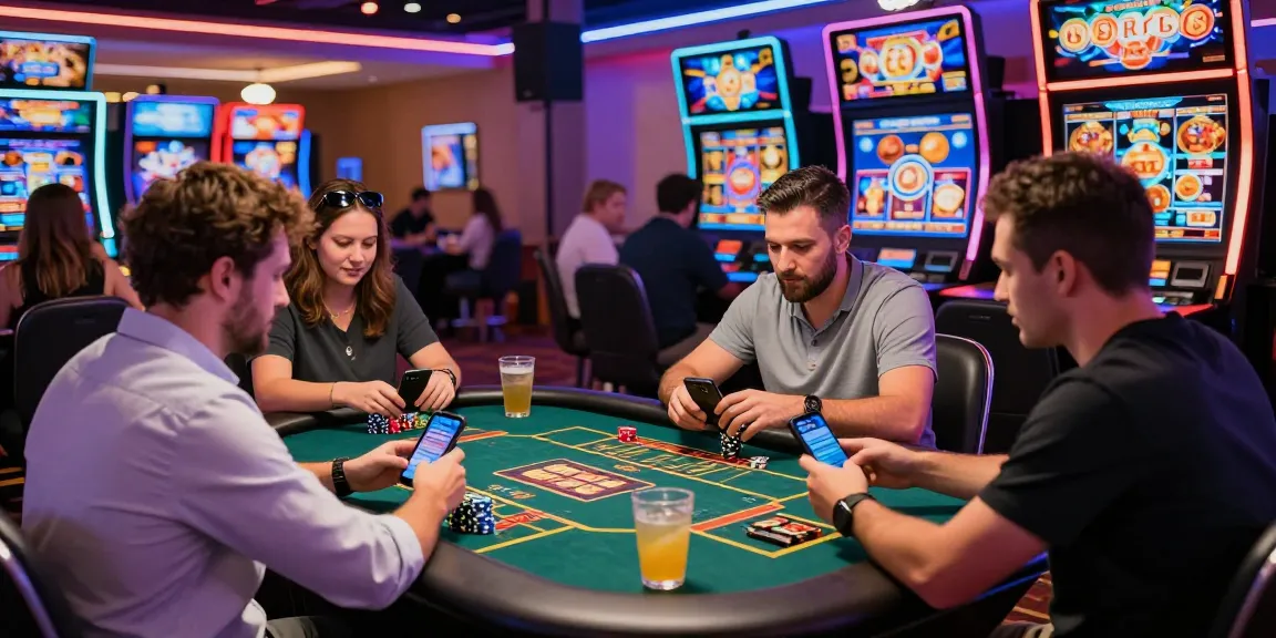 Engaging scene at credit card casinos showcasing diverse players enjoying vibrant online gaming experiences with smartphones and colorful chips.