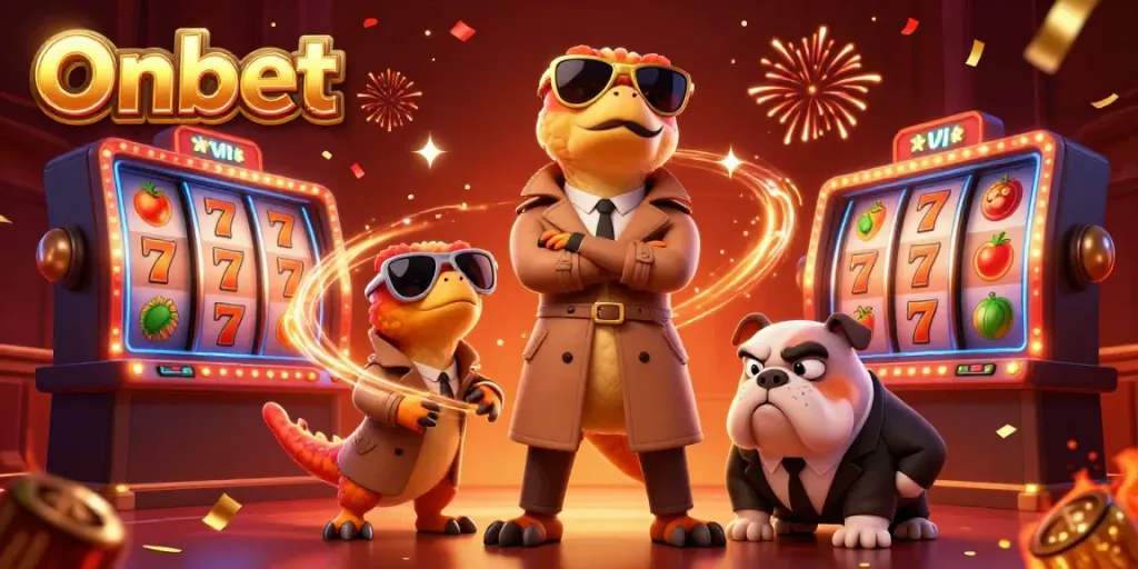 Onbet showcases three raptors in a trench coat humorously trying to enter a casino lounge.