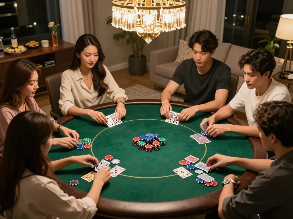Engaged players enjoying poker night at home, highlighting the excitement of gaming in a cozy setting with 789bethv.