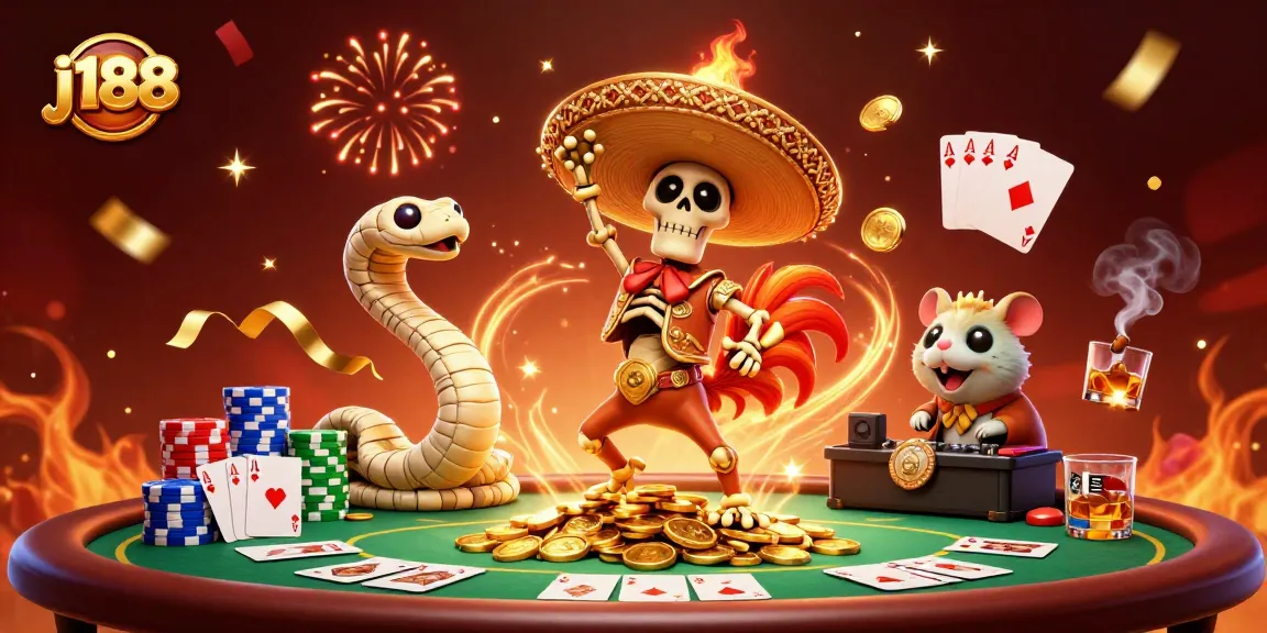 Experience thrilling wins at j188 with a festive gaming scene featuring a victory dance and poker excitement.