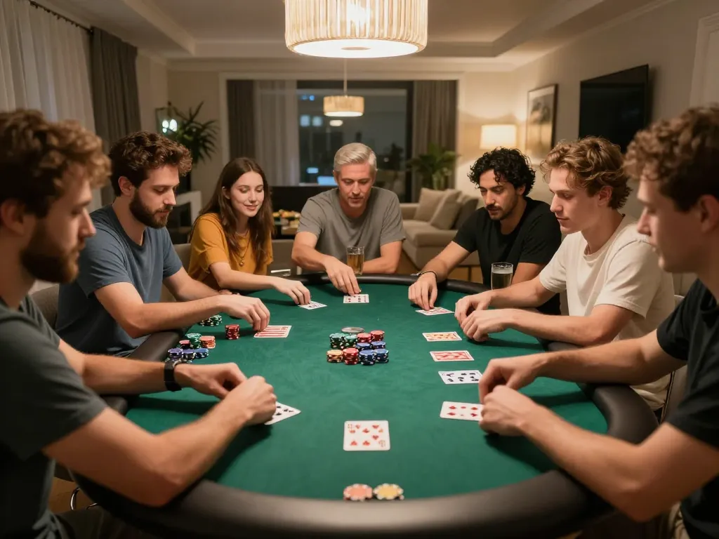 VIC88 poker players engaging in a friendly game night with strategic decisions at home