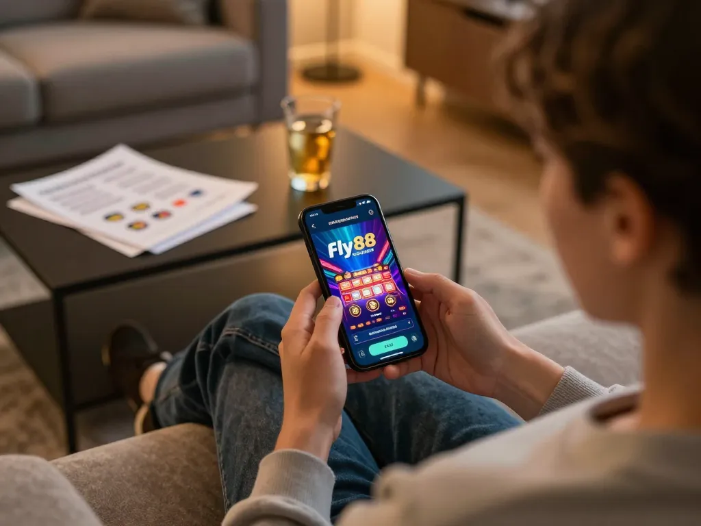 Player enjoying Fly88 casino games on a smartphone in a cozy living room.