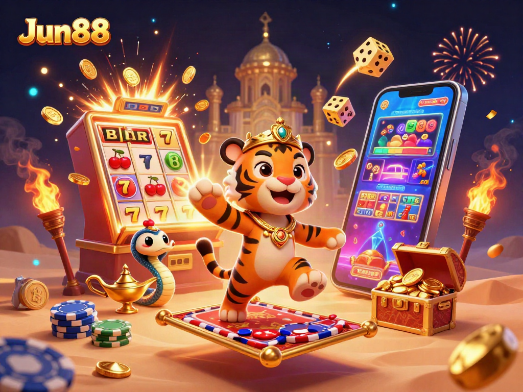 Experience the excitement of Jun88 with a vibrant illustration of a flying carpet and jackpot elements