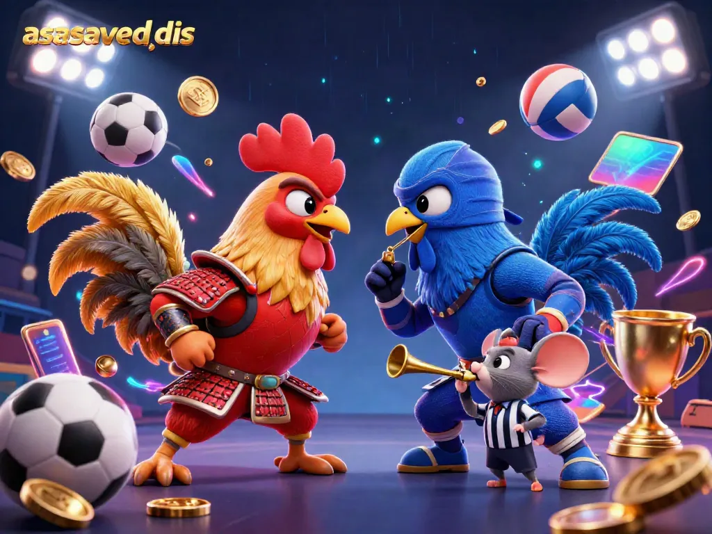 Experience intense standoffs with asasavedis as cartoon roosters battle amidst vibrant sports elements.