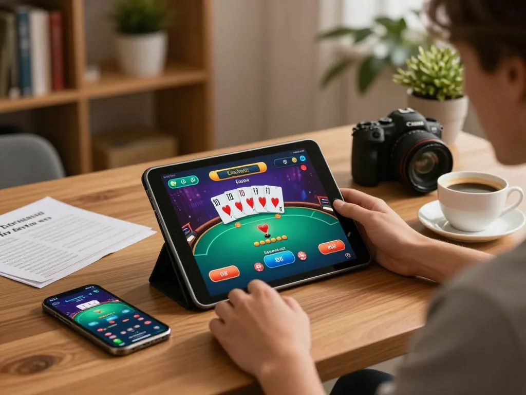 Engaging in online gaming at TR88 with a tablet and strategy notes in a cozy setting