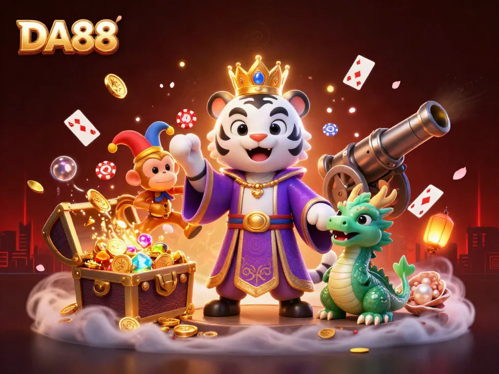 DA88 welcome scene featuring a dynamic casino setting with playful tiger, monkey, and dragon characters.