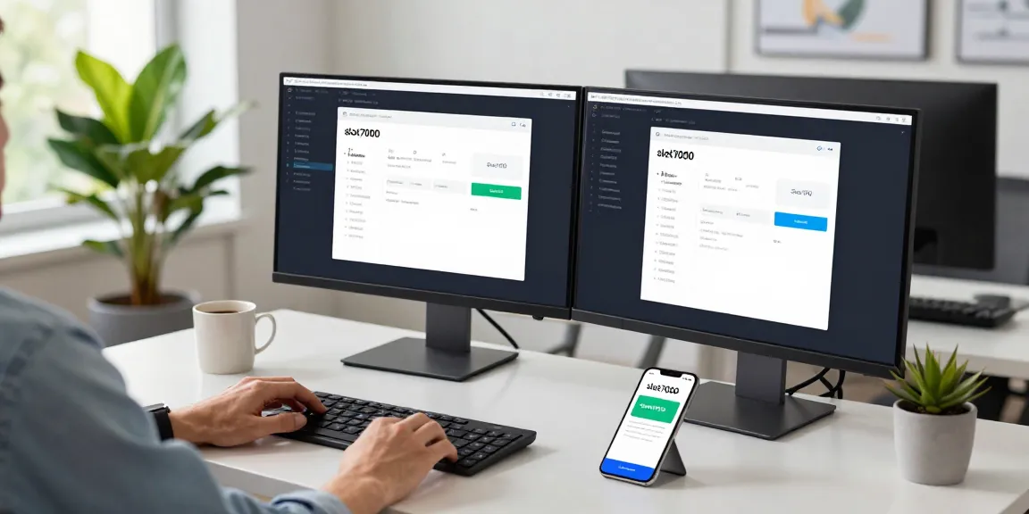 Mobile app developer working on slot7000 interface in a bright and modern workspace.
