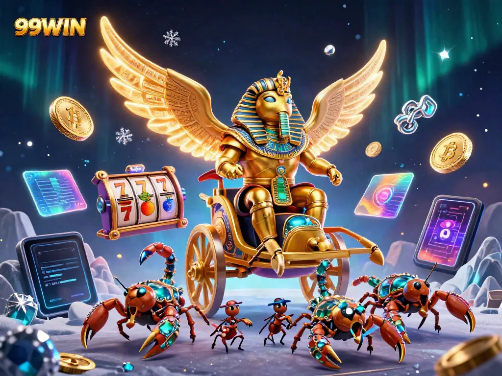 Engage in thrilling slot gaming with 99WIN featuring a vibrant 3D scene of a colossal scarab beetle and scorpions.