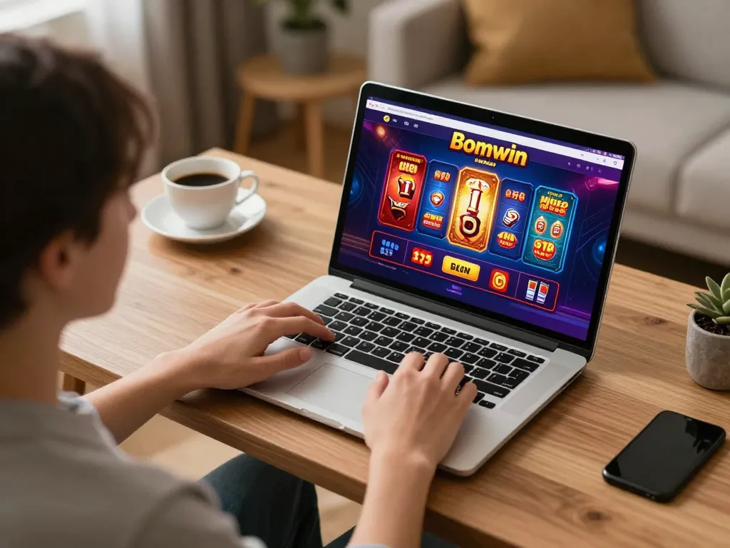Engaged user exploring the Bomwin platform for online gambling on a laptop in a cozy home setup.