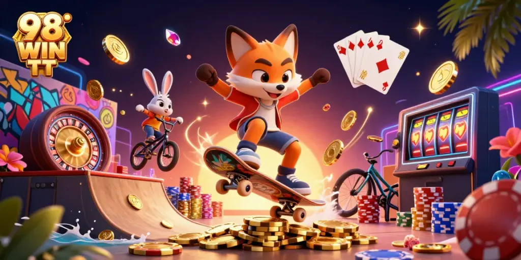 Experience thrilling action with 98 WIN TT as skateboarder fox and BMX rabbit conquer casino-themed challenges.