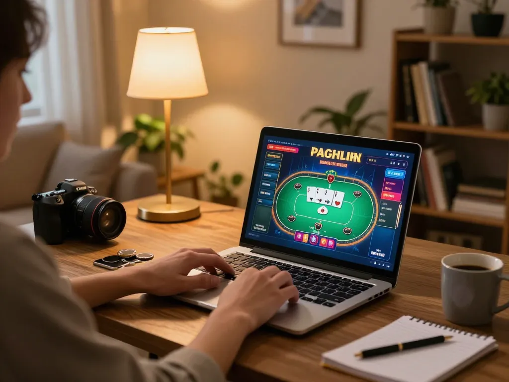 Engaging online gaming scene at home with 33win poker interface on the laptop