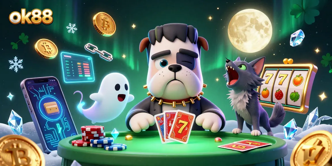 Feel the thrill of ok88 as the Frankenstein bulldog deals cards surrounded by crypto coins and slot elements.