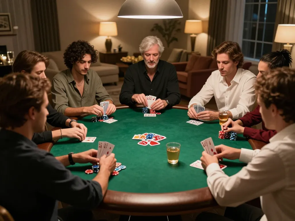 Sunwin players strategizing during home poker night with cards and chips on green felt.