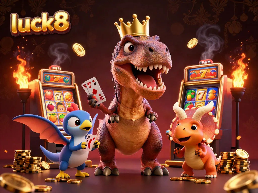 Luck8 casino scene with a friendly T-Rex shuffling cards, vibrant slot machines, and golden chips.