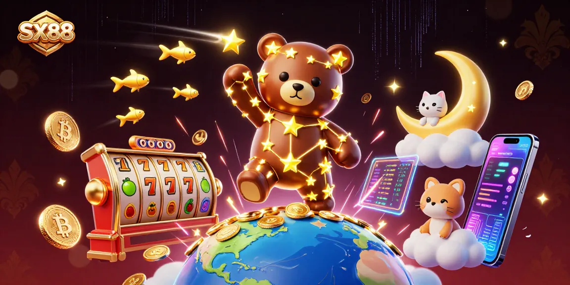 SX88 showcases a lively casino scene with vibrant slot elements and shining coins.