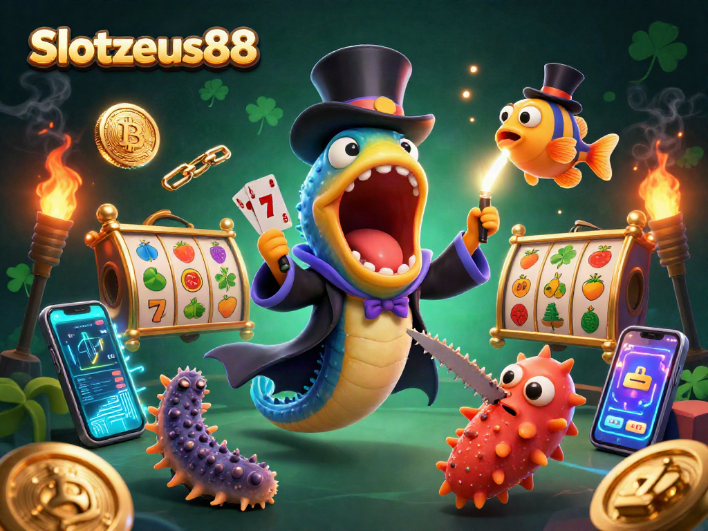 Engage in the magic of Slotzeus88 featuring a bioluminescent eel performing tricks amidst vibrant casino elements.