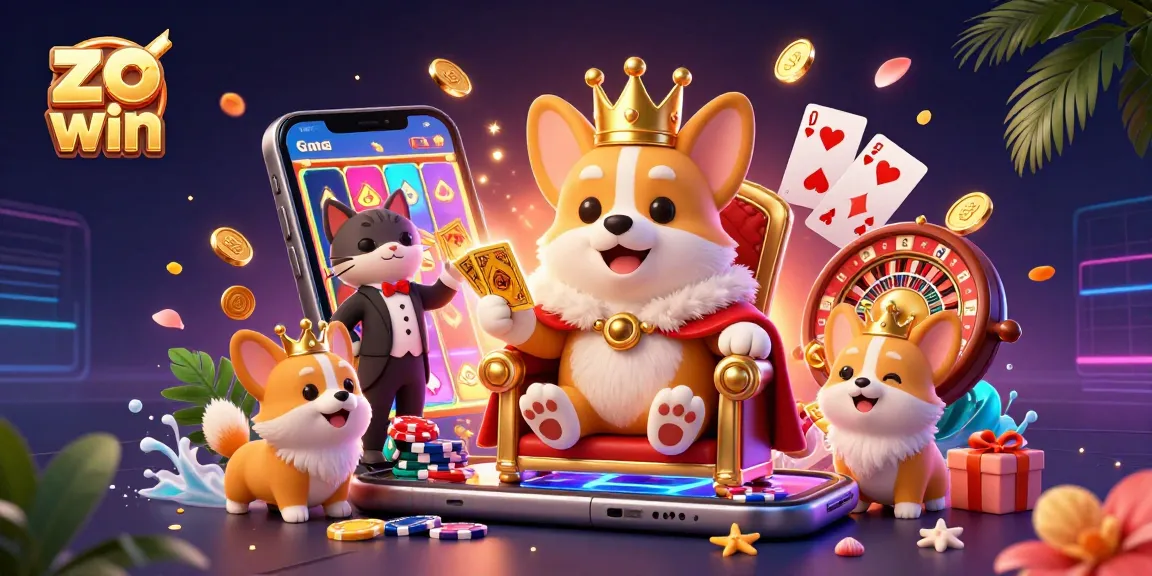 Experience thrilling gaming action with zo win as a royal corgi claims its poker throne amidst golden coins and vibrant slot games.