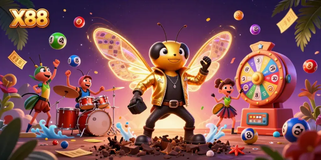 Experience vibrant winning energy with X88 as a 3D cartoon cicada rock star in a dynamic casino scene.