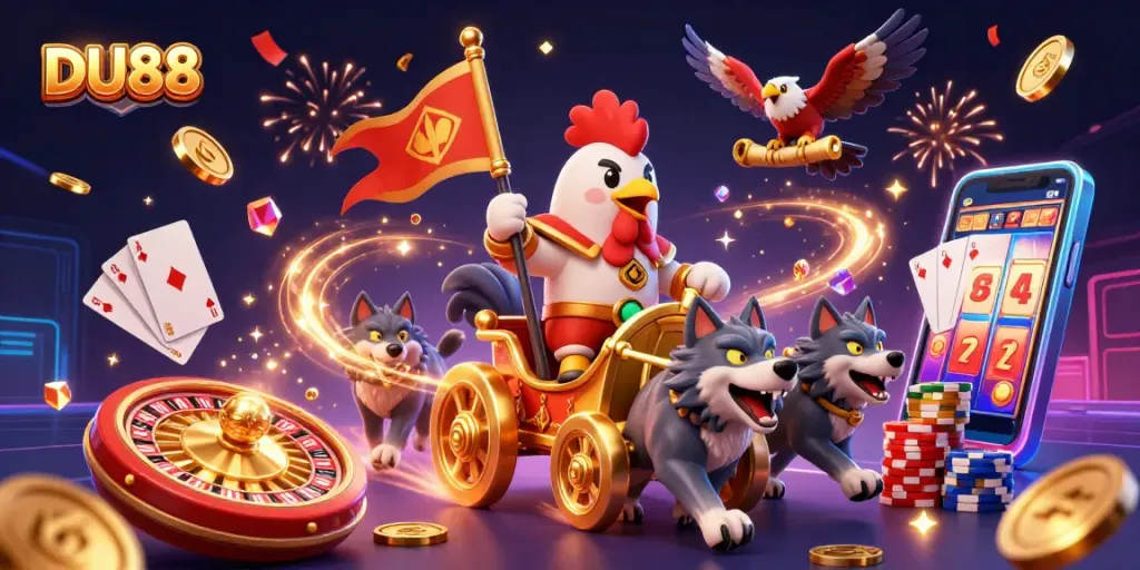 Engage with DU88's thrilling gaming experience featuring a rooster warlord and casino elements.
