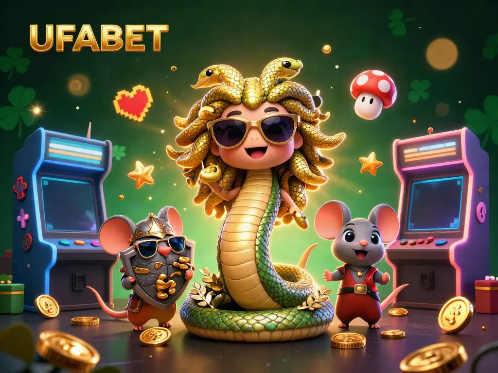 Win big with UFABET in this vibrant cartoon scene featuring gaming action and friendly characters.