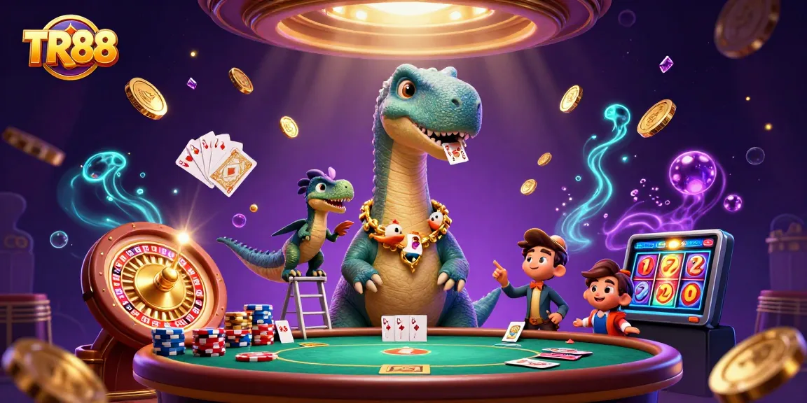 Experience TR88 with a colorful casino scene featuring a brontosaurus, raptor dealer, and golden coins.
