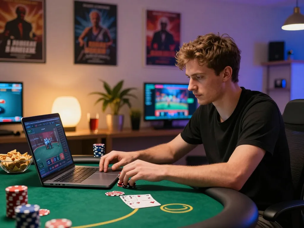 Fly88 player concentrating while engaged in an intense online poker match on a laptop