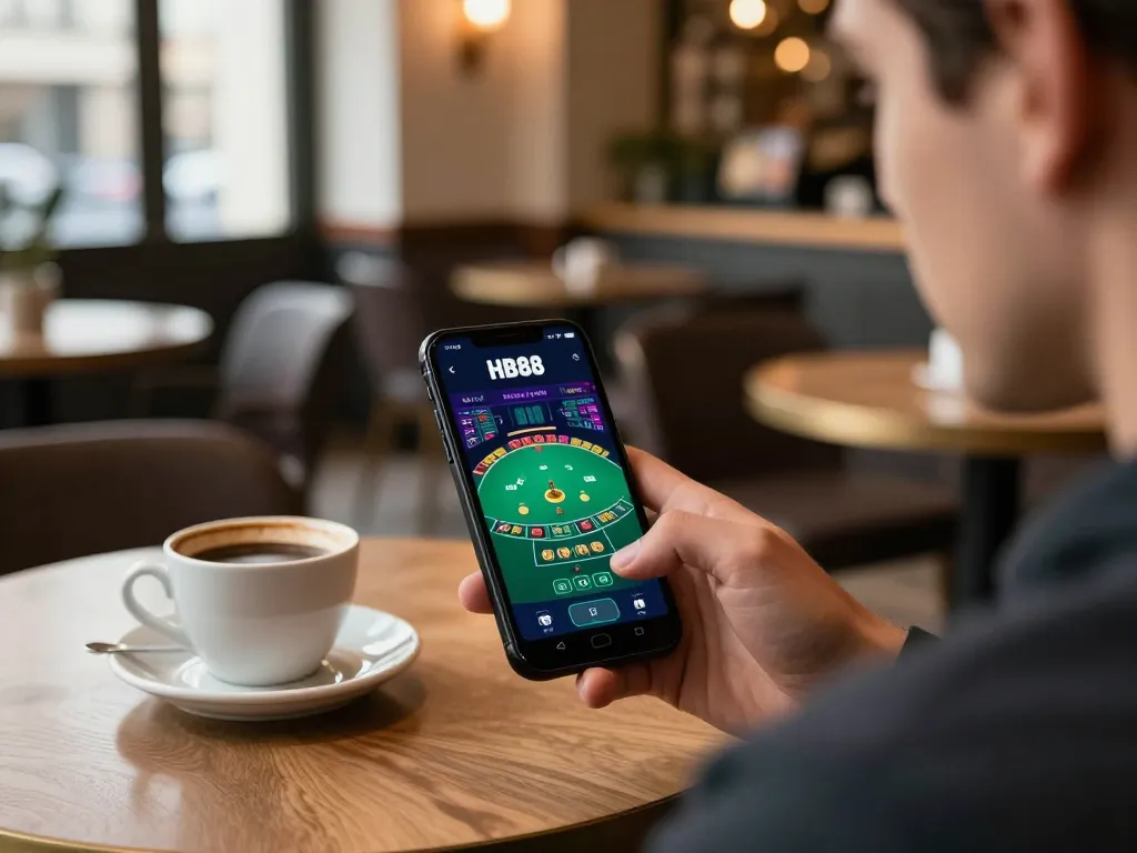 Player using the HB88 app for mobile blackjack in a café, showcasing engaging gambling experience