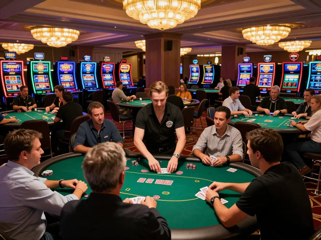 SHBET features an exciting casino atmosphere with players engaged in thrilling poker games.