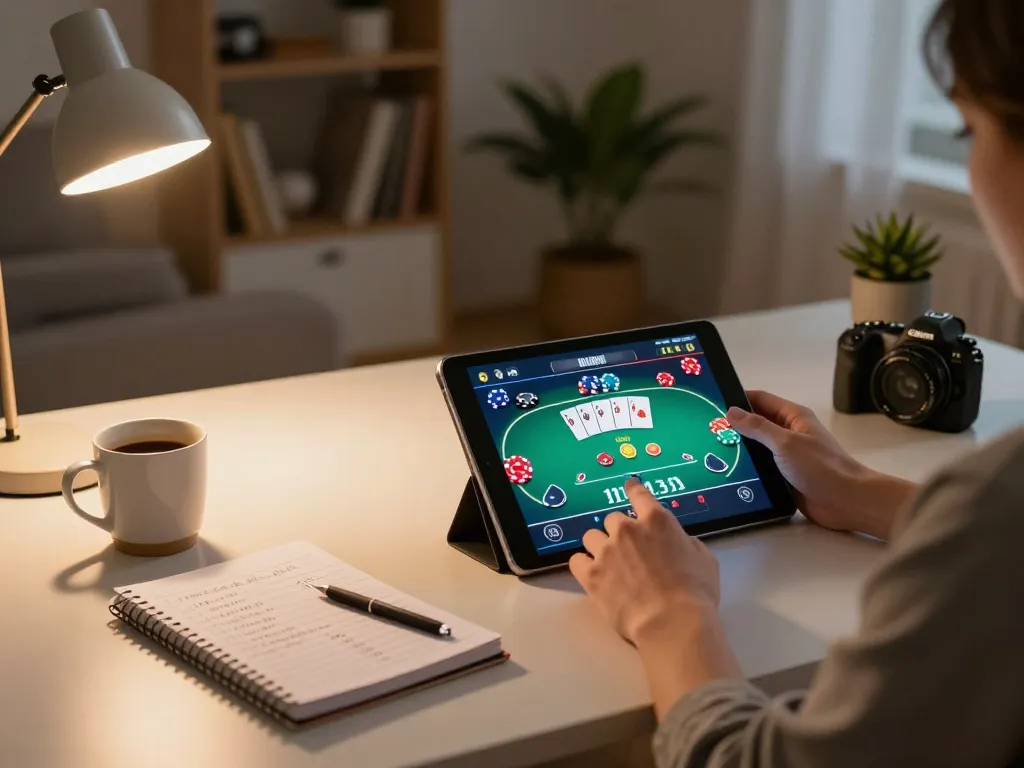 Player at home using tablet for online casino gaming at Jun88, showcasing poker strategy.