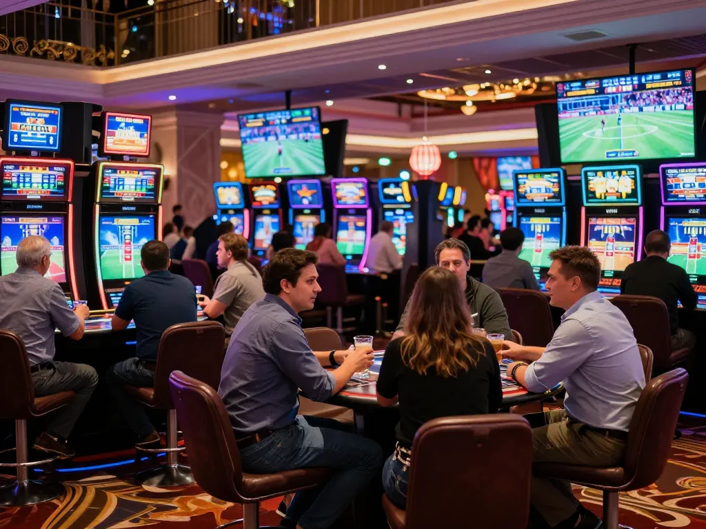Excited bettors actively placing wagers on SC88 sports events in a luxurious casino atmosphere
