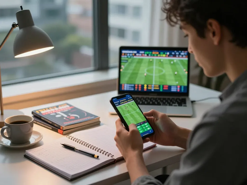 Person placing sports bets with smartphone showcasing ty le keo nha cai and live odds in modern setting